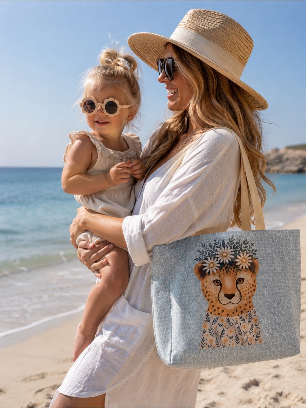 Embellished Cheetah Floral Crown Leopard Canvas Tote Blue Animal Print Carryall